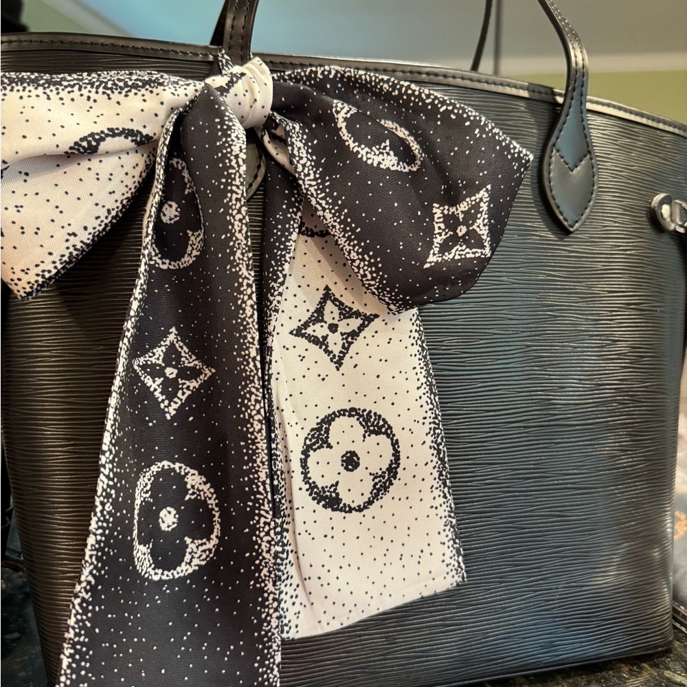 Luxury clover flower black white  Patterned Scarf LONG 44” W 3” easy tie on bag